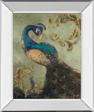 22 in. x 26 in. “Peacock On Sage Il” By Tiffany Hakimipour Mirror Framed Print Wall Art