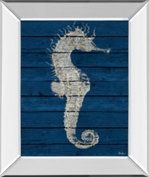 22 in. x 26 in. “Antique Seahorse On Blue I” By Patricia Pinto Mirror Framed Print Wall Art
